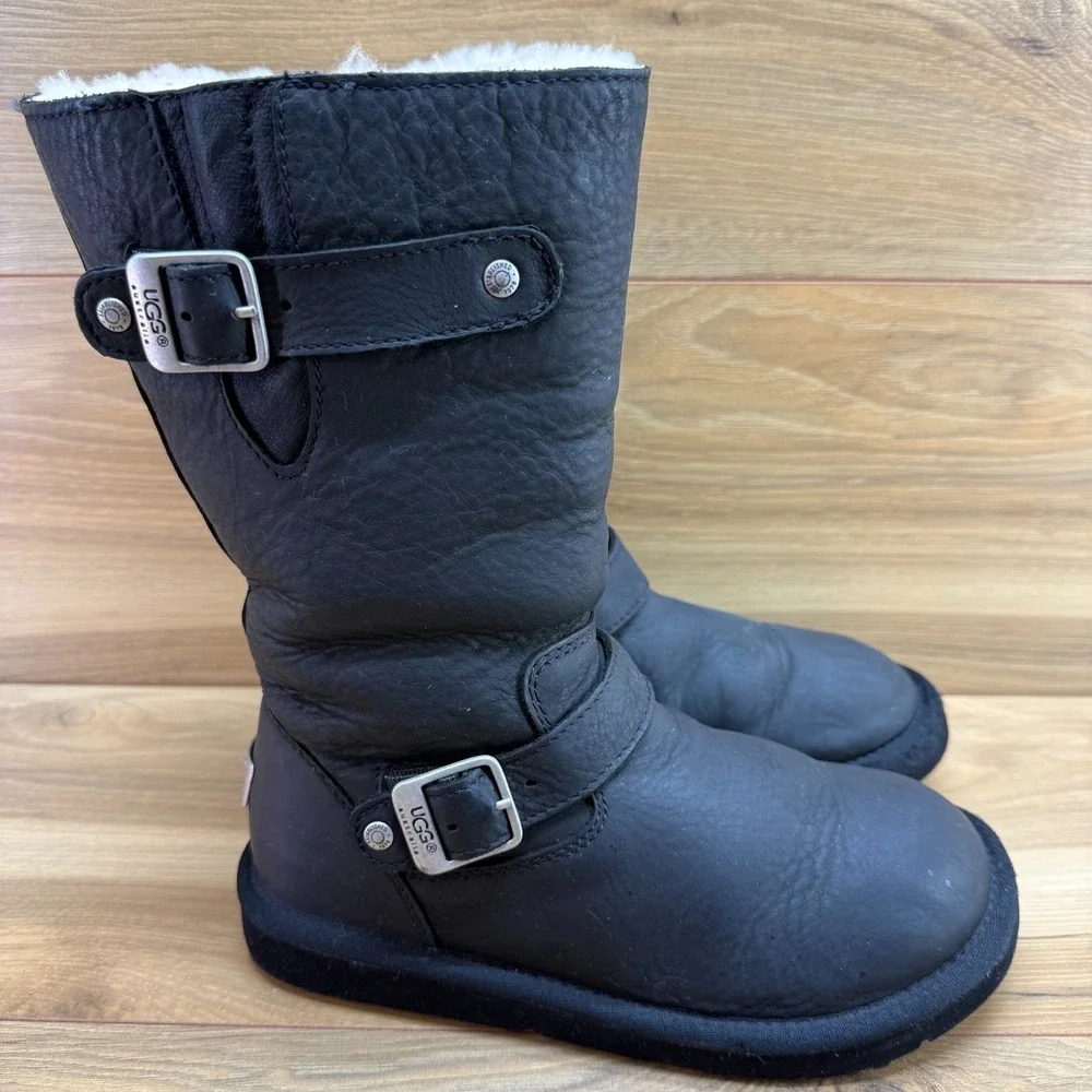UGG Kensington Tall Boots Womens 7 Black Leather Shearling Sherpa Lined Cozy